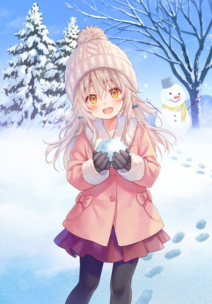 Anime picture 2860x4096 with original fukahire (ruinon) single long hair tall image looking at viewer blush fringe highres open mouth blonde hair smile hair between eyes standing holding yellow eyes payot sky outdoors braid (braids)