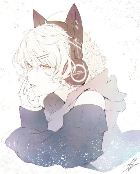 Anime picture 858x1064 with original axent wear headphones marumoru single tall image looking at viewer short hair blonde hair signed yellow eyes girl hair ornament headphones hairclip cat ear headphones