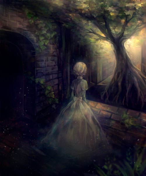 Anime picture 1000x1200 with original clona single tall image short hair blonde hair standing from behind back brick wall girl dress bow plant (plants) tree (trees) wall