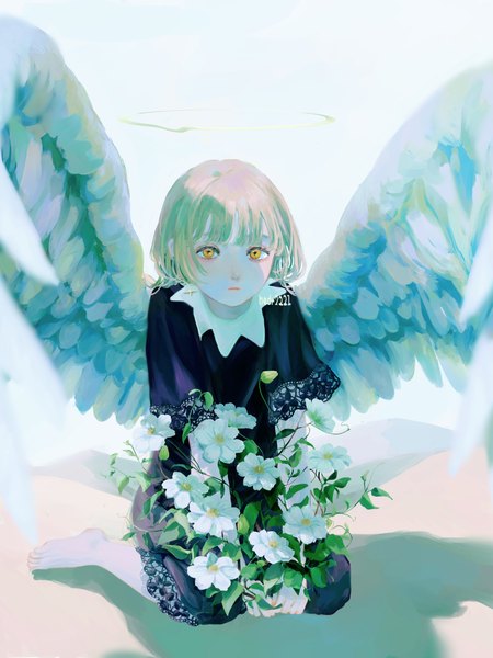 Anime picture 4050x5400 with original bedr2221 single tall image looking at viewer highres short hair blonde hair sitting signed yellow eyes absurdres shadow twitter username wariza shaded face angel girl dress flower (flowers)