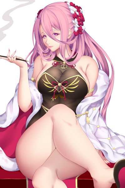 Anime picture 1170x1754 with azur lane lexington (azur lane) lexington (the beauty of spring) (azur lane) shiro usagi single long hair tall image looking at viewer blush fringe breasts light erotic simple background hair between eyes large breasts white background sitting purple eyes bare shoulders holding