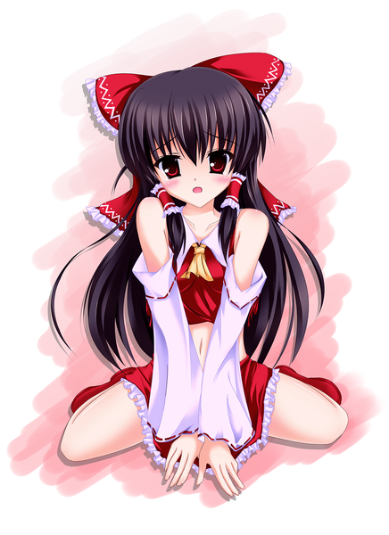 Anime picture 1275x1754 with touhou hakurei reimu einpurpose (artist) single long hair tall image blush black hair red eyes sitting spread legs wariza miko girl bow hair bow detached sleeves