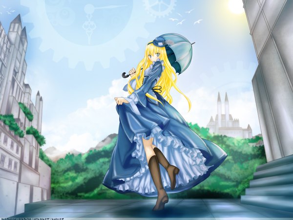 Anime picture 1600x1200 with ueda ryou blonde hair girl dress boots umbrella