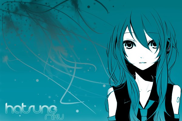 Anime picture 1200x800 with vocaloid hatsune miku single long hair looking at viewer open mouth twintails aqua hair inscription tattoo girl necktie headphones