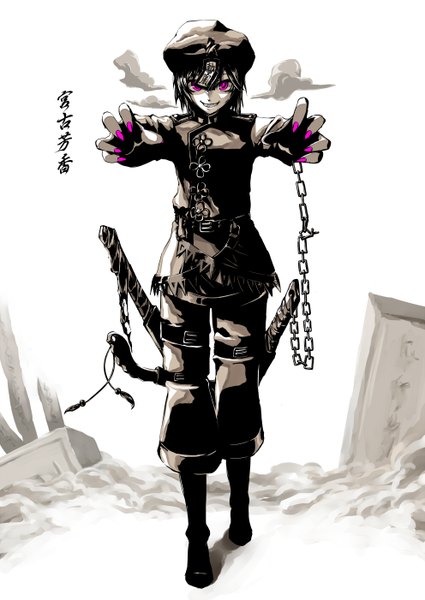 Anime picture 992x1402 with touhou miyako yoshika bisuke (k step2009) single tall image looking at viewer fringe short hair smile white background purple eyes holding nail polish fingernails alternate costume monochrome walking dual wielding zombie zombie pose