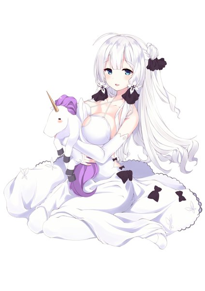 Anime picture 1536x2172 with azur lane illustrious (azur lane) unicorn (azur lane) mamizu single long hair tall image looking at viewer blush fringe breasts open mouth blue eyes light erotic simple background large breasts white background sitting bare shoulders holding
