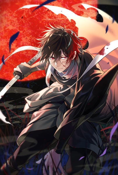 Anime picture 608x900 with touken ranbu nitroplus hizen tadahiro noes single tall image short hair red eyes brown hair holding looking away traditional clothes japanese clothes leaning leaning forward fighting stance blood on face boy ribbon (ribbons) weapon