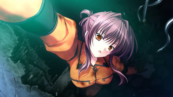 Anime picture 1280x720 with root double tachibana kazami short hair wide image brown eyes game cg purple hair girl suit