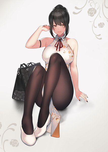 Anime picture 1042x1461 with original hayabusa single tall image looking at viewer blush fringe short hair breasts open mouth light erotic black hair simple background smile hair between eyes large breasts white background sitting bare shoulders payot
