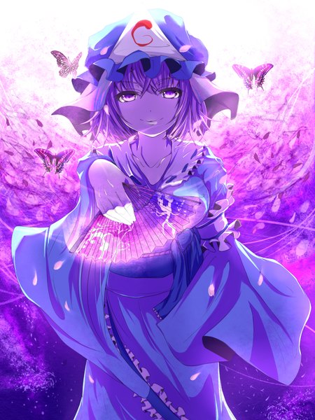 Anime picture 1200x1600 with touhou saigyouji yuyuko hybrid (artist) single tall image looking at viewer short hair smile purple eyes purple hair girl dress petals insect butterfly fan