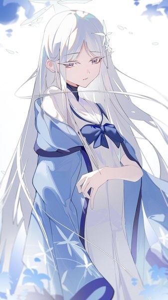 Anime picture 2700x4800 with blue archive nagusa (blue archive) katachi noboru nishikino single long hair tall image highres standing looking away silver hair traditional clothes japanese clothes silver eyes sailor collar girl hair ornament kimono halo turtleneck sailor dress