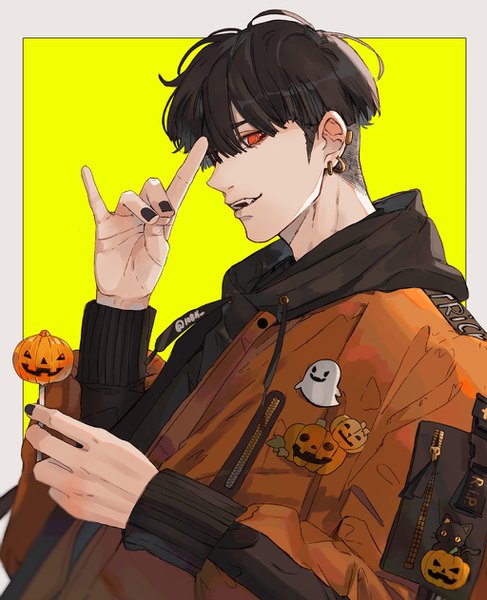 Anime picture 1024x1261 with original 1o8k single tall image looking at viewer fringe short hair open mouth black hair hair between eyes red eyes upper body nail polish profile border halloween outside border yellow background black nail polish fox shadow puppet