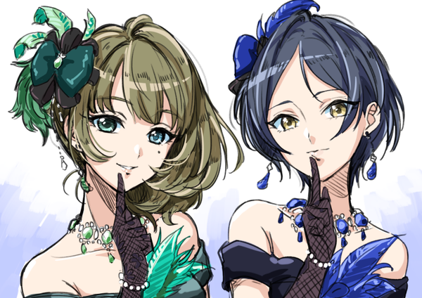 Anime picture 800x566 with idolmaster idolmaster cinderella girls idolmaster cinderella girls starlight stage takagaki kaede hayami kanade tsukikage oyama short hair black hair brown hair bare shoulders multiple girls yellow eyes upper body mole mole under eye heterochromia finger to mouth pretty liar (idolmaster) girl gloves