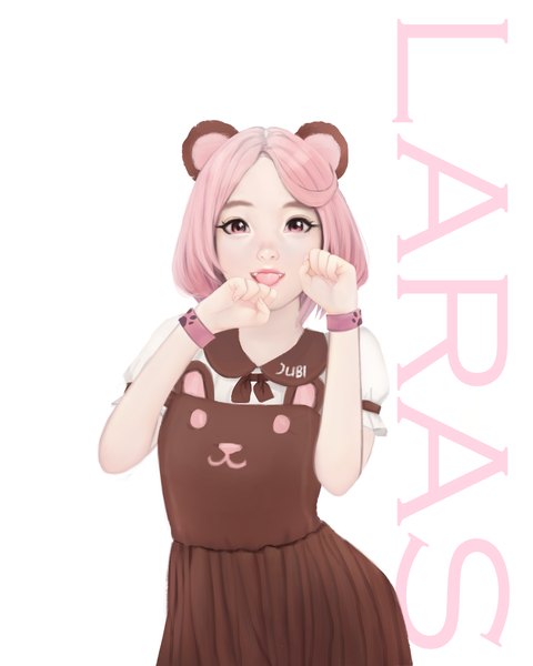 Anime picture 2400x3000 with original laras (jubi) jubi (regiana) single tall image looking at viewer highres short hair simple background white background signed animal ears pink hair pink eyes realistic short sleeves fang (fangs) puffy sleeves character names lipstick