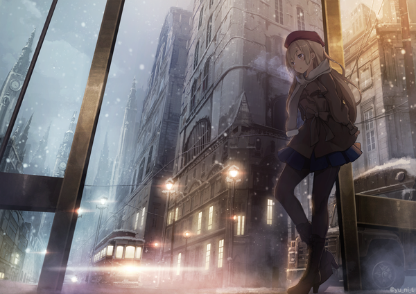 Anime picture 2456x1736 with original yu ni t single long hair blush fringe highres open mouth brown hair standing brown eyes signed looking away outdoors pleated skirt :o high heels twitter username city snowing