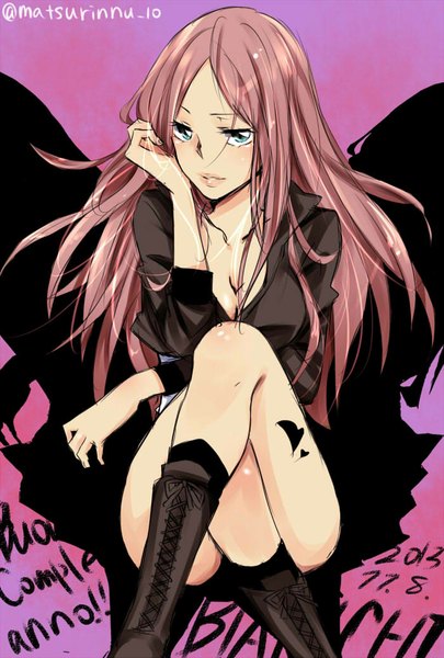 Anime picture 700x1035 with katekyou hitman reborn bianchi matsurinnu single long hair tall image looking at viewer breasts blue eyes light erotic sitting pink hair inscription girl bow shirt wings shoes cross-laced footwear black shirt