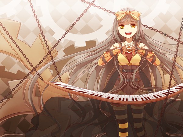 Anime picture 1333x1000 with original shinkusora single long hair open mouth bare shoulders yellow eyes silver hair alternate costume striped girl thighhighs bow hair bow chain striped thighhighs keyboard (instrument)