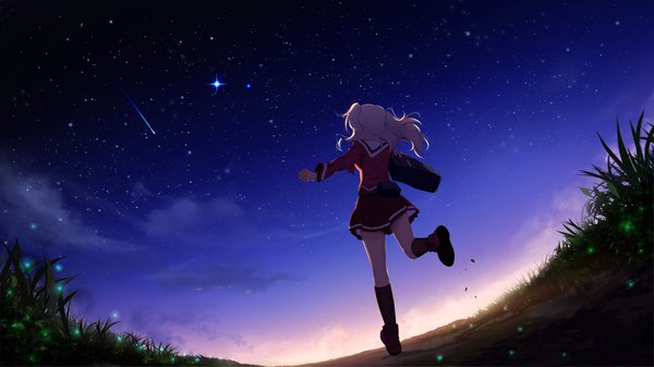 Anime picture 3999x2250 with charlotte p.a. works tomori nao yuuta (806350354) single long hair highres wide image absurdres silver hair full body outdoors long sleeves pleated skirt night night sky scenic running shooting star girl