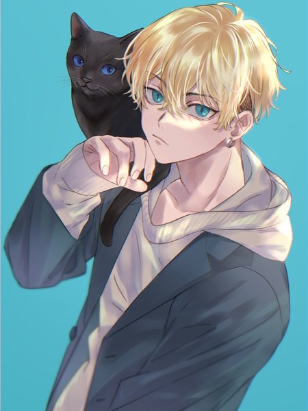 Anime picture 768x1024 with tokyo revengers matsuno chifuyu meitei single tall image looking at viewer fringe short hair blue eyes simple background blonde hair hair between eyes upper body long sleeves piercing sleeves past wrists ear piercing blue background animal on shoulder boy