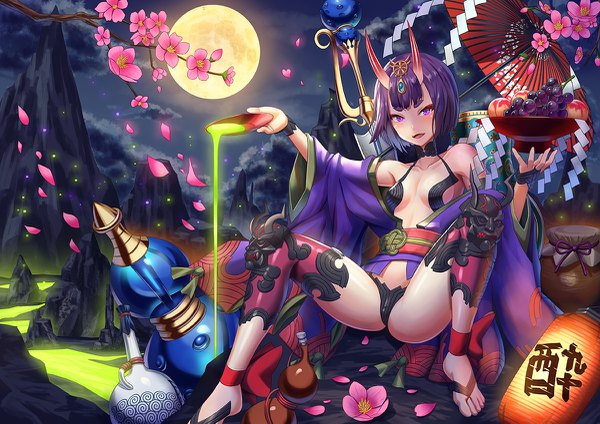 Anime picture 1200x849 with fate (series) fate/grand order shuten douji (fate) tako seijin (takos000) single looking at viewer blush fringe short hair breasts open mouth light erotic purple eyes bare shoulders holding purple hair cloud (clouds) full body outdoors traditional clothes