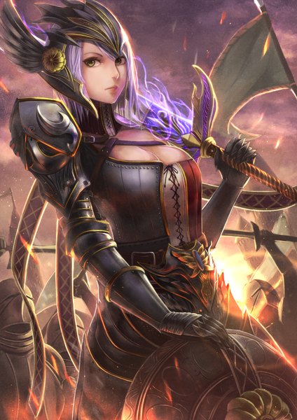 Anime picture 1158x1637 with original yazuwo tall image looking at viewer short hair brown eyes purple hair girl dress gloves weapon sword armor helmet shield banner