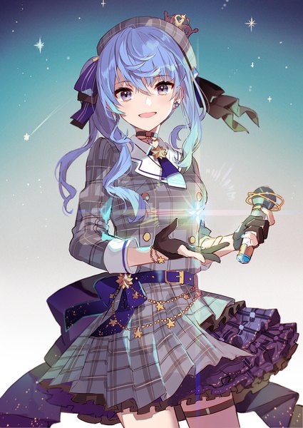 Anime picture 1075x1518 with virtual youtuber hololive hoshimachi suisei hoshimachi suisei (1st costume) eihi single long hair tall image looking at viewer fringe open mouth blue eyes hair between eyes payot blue hair :d side ponytail girl dress gloves