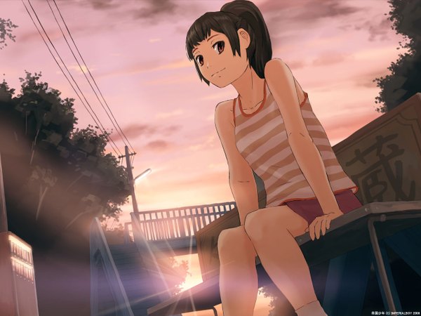 Anime picture 1280x960 with original imperial boy single long hair fringe black hair sitting brown eyes looking away sky cloud (clouds) ponytail light smile sunlight wallpaper evening sunset sunbeam street girl