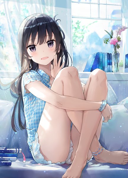 Anime picture 688x953 with original fuumi (radial engine) single long hair tall image looking at viewer blush fringe open mouth black hair hair between eyes sitting indoors barefoot black eyes bare legs crossed legs revision plaid wrist scrunchie