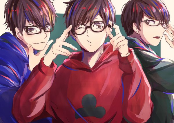 Anime picture 1024x725 with osomatsu-san matsuno osomatsu matsuno karamatsu matsuno choromatsu saamon (dream81come) looking at viewer short hair brown hair brown eyes upper body one eye closed multiple boys siblings bespectacled brothers boy glasses hood hoodie 3 boys