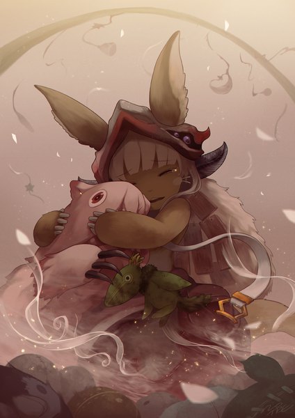 Anime picture 700x990 with made in abyss kinema citrus nanachi (made in abyss) mitty (made in abyss) noeyebrow long hair tall image fringe open mouth signed animal ears white hair tail eyes closed blurry teeth bunny ears depth of field fur trim hug