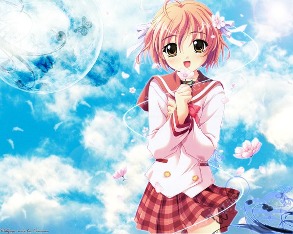 Anime picture 1280x1024 with hatsukoi sakurai komomo single fringe short hair open mouth hair between eyes standing brown eyes pink hair sky cloud (clouds) long sleeves hair flower wind sunlight loli happy soft beauty girl