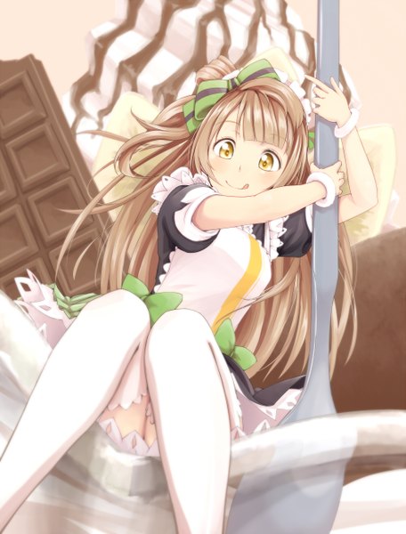 Anime picture 1000x1314 with love live! school idol project sunrise (studio) love live! minami kotori dararito long hair tall image blush smile brown hair yellow eyes maid :p girl thighhighs dress bow hair bow white thighhighs food
