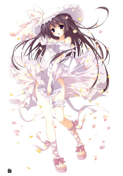 Anime picture 2446x3500 with inugami kira single long hair tall image looking at viewer blush highres open mouth black hair simple background white background purple eyes scan girl dress hat petals frills