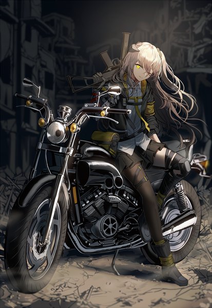 Anime picture 700x1015 with girls frontline ump45 (girls frontline) silence girl single long hair tall image looking at viewer fringe smile hair between eyes brown hair sitting holding yellow eyes full body bent knee (knees) outdoors long sleeves head tilt pleated skirt