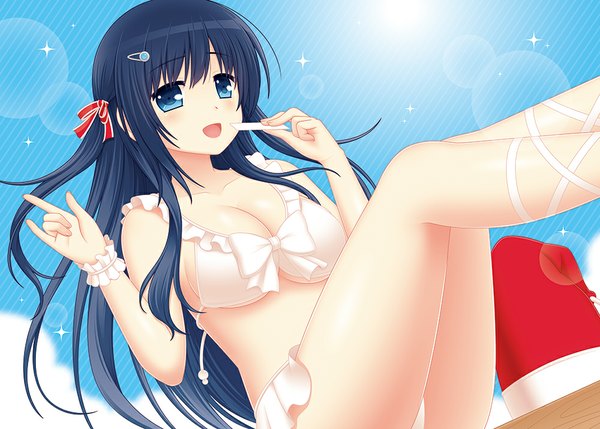 Anime picture 1000x715 with school of fantasia kashinoura himeno cpu (hexivision) single long hair looking at viewer breasts open mouth blue eyes light erotic black hair sparkle mmm girl swimsuit bikini
