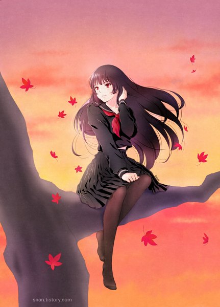 Anime picture 763x1063 with tasogare otome x amnesia silver link kanoe yuuko snonfield single long hair tall image fringe black hair smile red eyes sitting looking away sky pleated skirt no shoes adjusting hair evening sunset falling