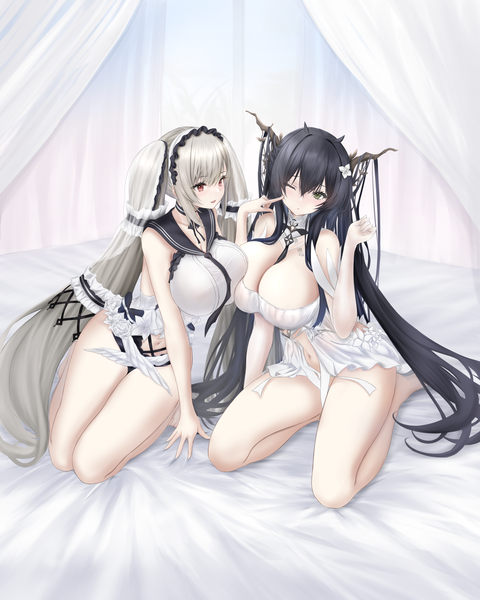 Anime picture 4000x5000 with azur lane formidable (azur lane) indomitable (azur lane) formidable (timeless classics) (azur lane) noa (skae3323) tall image looking at viewer blush fringe highres breasts open mouth light erotic black hair hair between eyes red eyes large breasts sitting twintails multiple girls