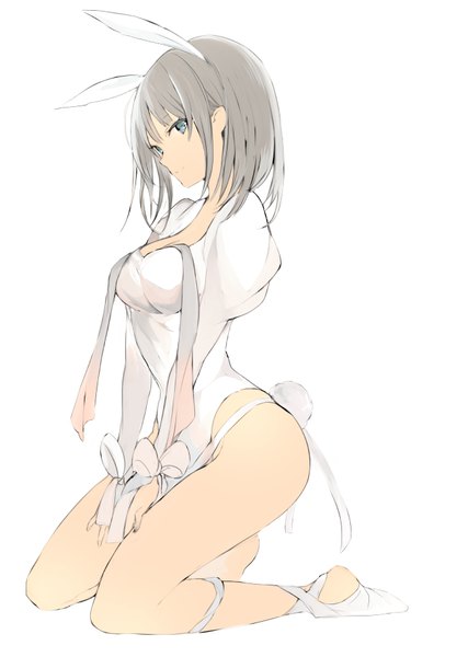Anime picture 650x914 with original lpip single tall image looking at viewer fringe short hair light erotic simple background white background animal ears full body tail animal tail aqua eyes light smile grey hair bunny ears puffy sleeves kneeling