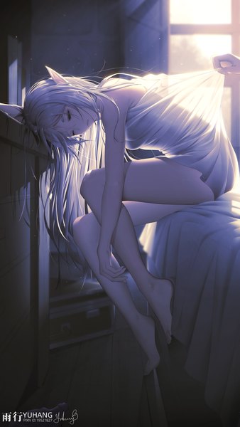 Anime-Bild 1688x3000 mit sousou no frieren frieren yuxing yuhang long hair tall image fringe light erotic sitting green eyes signed silver hair full body bent knee (knees) indoors barefoot pointy ears sunlight leaning leaning forward looking down
