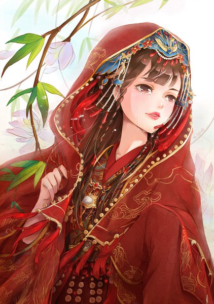 Anime picture 703x1000 with miracle nikki a.tong single long hair tall image blush fringe simple background brown hair brown eyes signed looking away upper body blunt bangs traditional clothes lips tears chinese clothes crying girl