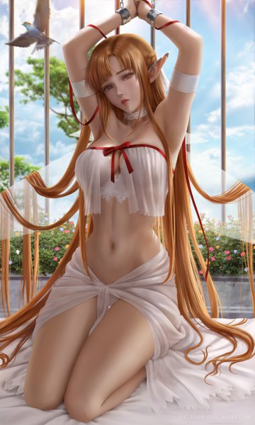 Anime picture 3900x6500 with sword art online a-1 pictures yuuki asuna titania (alo) wickellia single long hair tall image looking at viewer blush fringe highres breasts light erotic brown hair large breasts sitting brown eyes signed absurdres