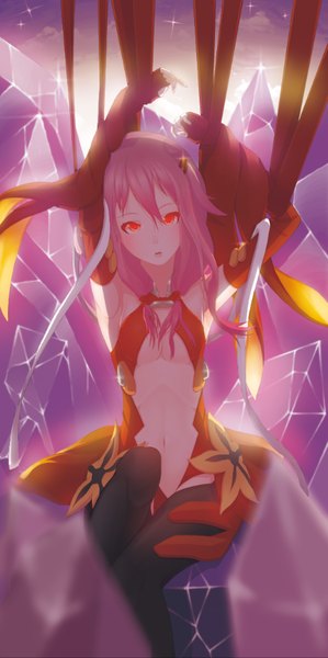 Anime picture 459x919 with guilty crown production i.g yuzuriha inori xiangxian single long hair tall image looking at viewer fringe breasts light erotic red eyes sitting pink hair no bra arms up armpit (armpits) center opening girl gloves