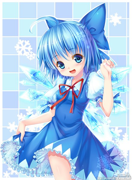 Anime picture 737x1000 with touhou cirno grandia bing single tall image looking at viewer blush short hair open mouth blue eyes blue hair loli girl dress bow hair bow wings snowflake (snowflakes) ice