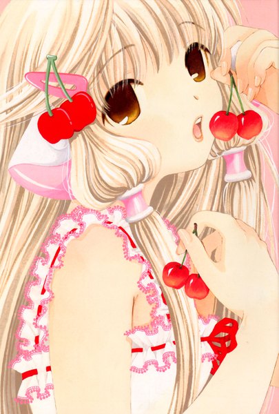 Anime picture 2486x3679 with chobits clamp chii single long hair tall image looking at viewer fringe highres open mouth blonde hair holding brown eyes fingernails girl food fruit hair tubes cherry robot ears