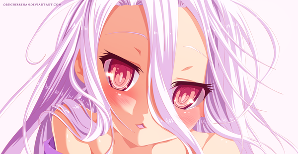 Anime picture 2000x1035 with no game no life madhouse shiro (no game no life) designerrenan single long hair blush highres open mouth simple background hair between eyes red eyes wide image white background bare shoulders white hair coloring close-up face naughty face