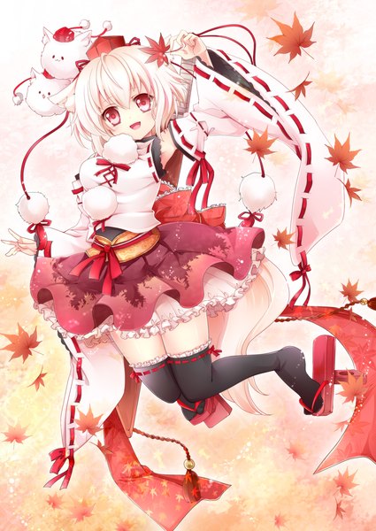 Anime picture 1253x1770 with touhou inubashiri momiji rakkyhappy single long hair tall image looking at viewer open mouth red eyes animal ears white hair traditional clothes miko girl thighhighs skirt black thighhighs detached sleeves miniskirt leaf (leaves)