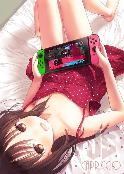 Anime picture 713x1000 with splatoon splatoon 2 original nintendo capriccio single long hair tall image looking at viewer blush fringe open mouth hair between eyes brown hair holding brown eyes signed indoors lying barefoot