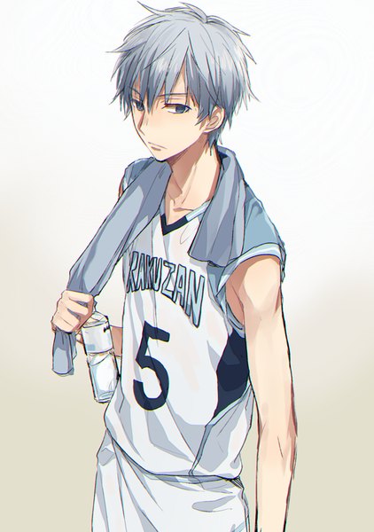 Anime picture 671x954 with kuroko no basket production i.g mayuzumi chihiro tamu (siokara) single tall image simple background white background holding looking away from above lips grey hair grey eyes gradient background towel around neck boy uniform gym uniform towel