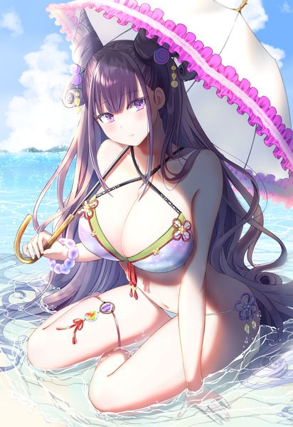 Anime picture 1654x2407 with fate (series) fate/grand order murasaki shikibu (fate) tobi (pixiv41237754) single tall image looking at viewer blush fringe breasts light erotic large breasts sitting purple eyes holding sky cleavage purple hair cloud (clouds) full body