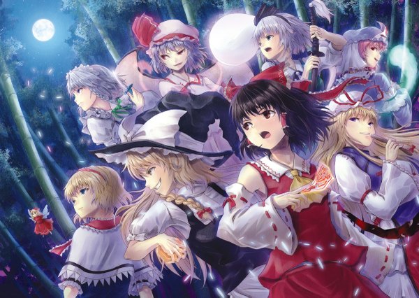 Anime picture 1200x853 with touhou imperishable night hakurei reimu remilia scarlet kirisame marisa izayoi sakuya konpaku youmu yakumo yukari saigyouji yuyuko alice margatroid myon shanghai hyuuga azuri long hair short hair open mouth blue eyes blonde hair smile red eyes